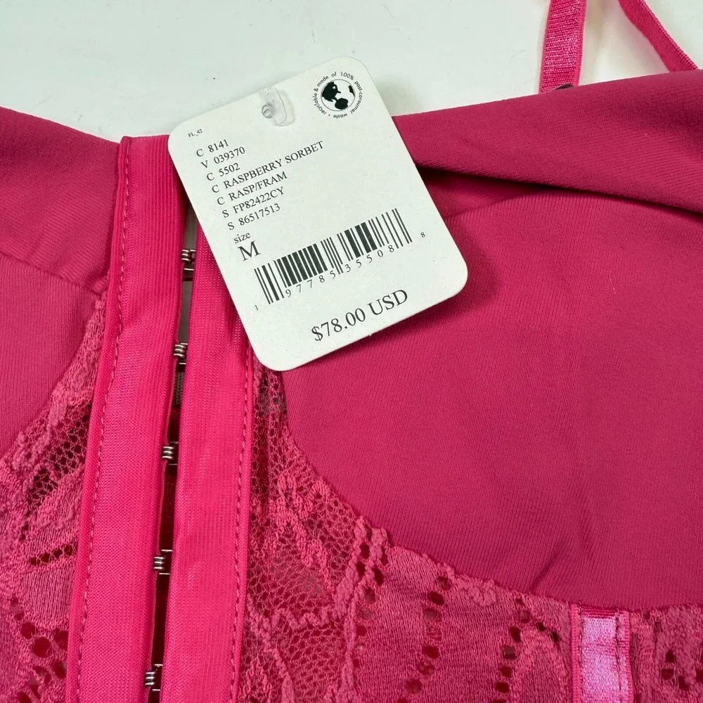 FREE PEOPLE Intimately Lace Night Rhythm Thong Bodysuit Raspberry Sorbet Medium